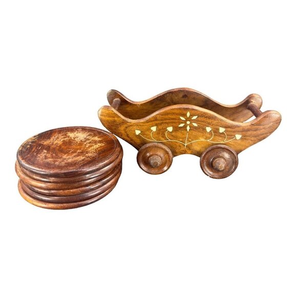 Vintage Wooden Wheel Cart Shape Tea Coffee Coaster Home Decorative Set 6 VTG - Picture 10 of 10